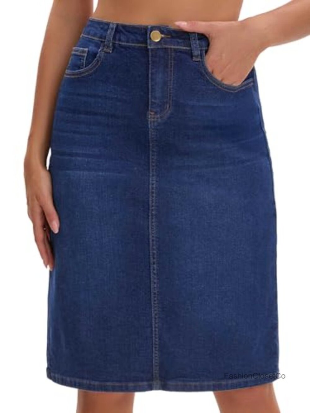High Waisted Stretchy Denim Skirt Below Knee